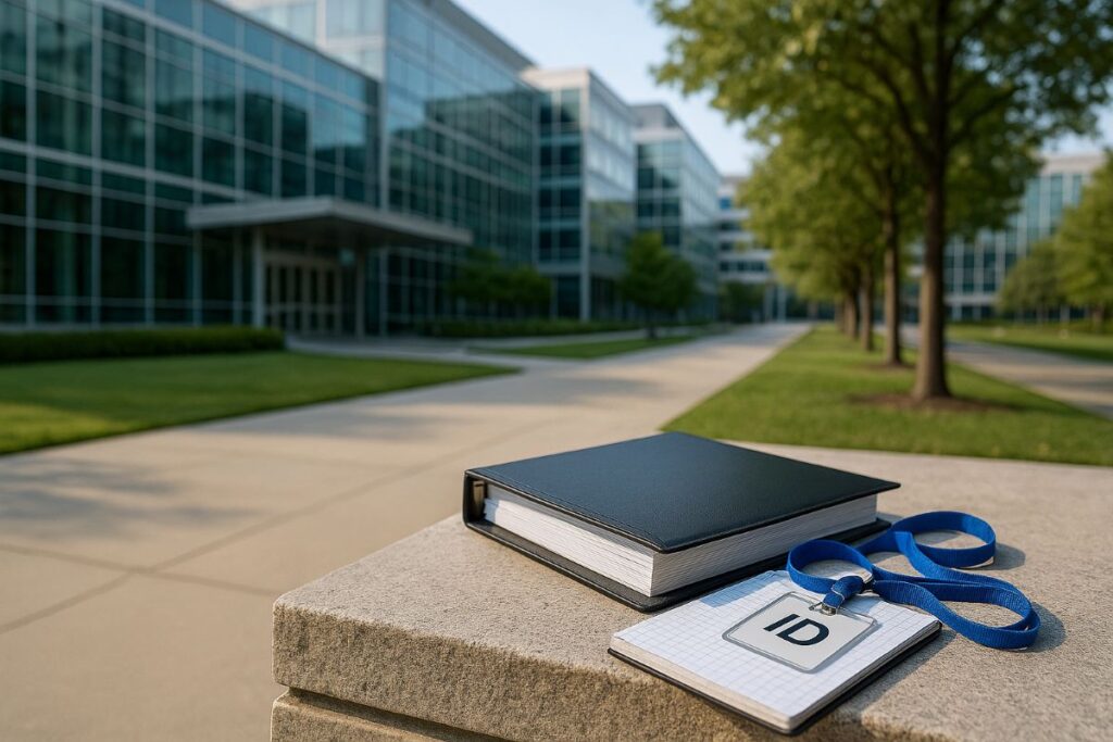 CDC chief Susan Monarez represented by public-health campus exterior with research materials in daylight.