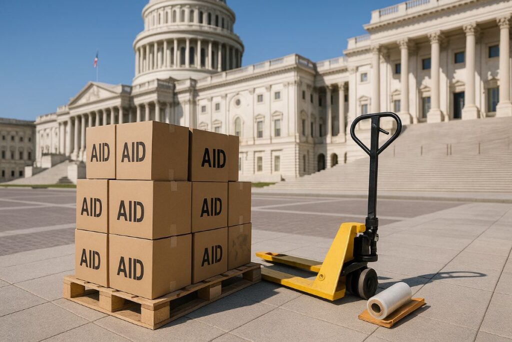 foreign aid cuts depicted by sunlit aid pallets outside the U.S. Capitol in daylight.