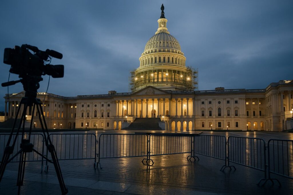 U.S. Capitol at dawn with barricades and TV cameras set up ahead of funding talks to avert a government shutdown