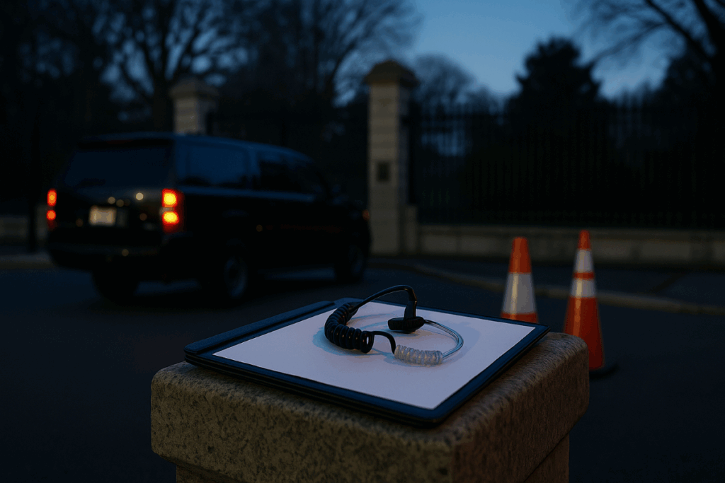 Kamala Harris security detail represented by a motorcade SUV and protective gear outside the Naval Observatory in Washington, D.C.