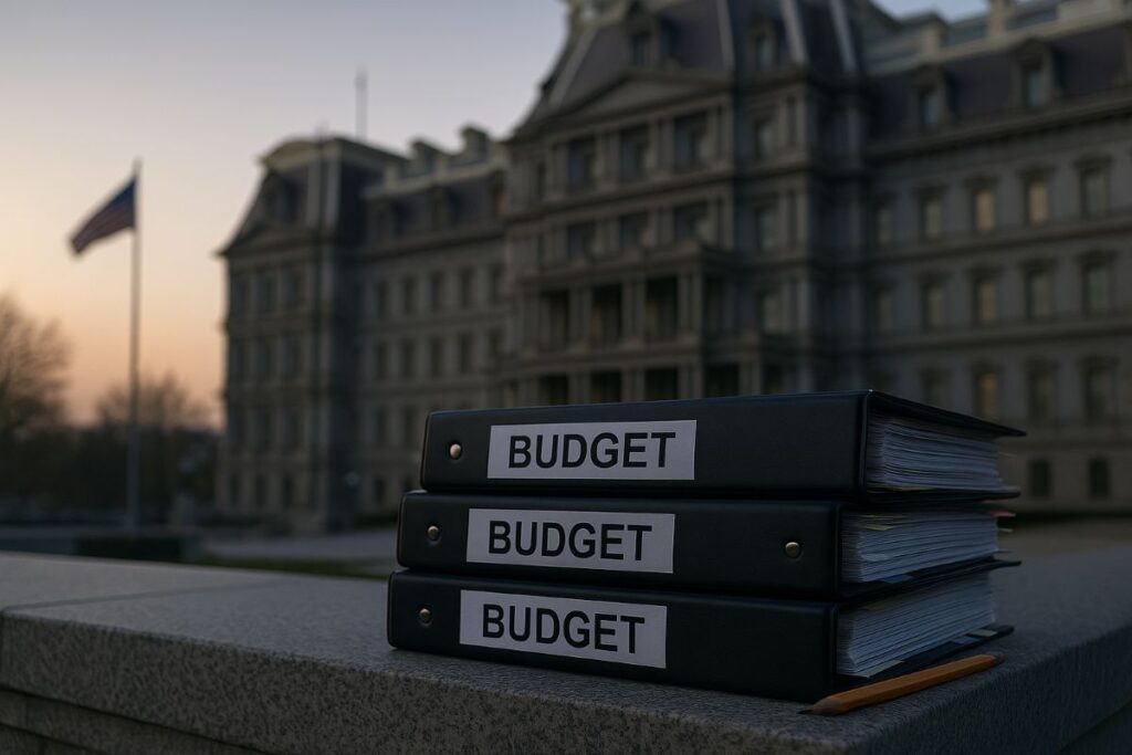 Trump administration budget control depicted with budget binders outside the executive offices in Washington, D.C.