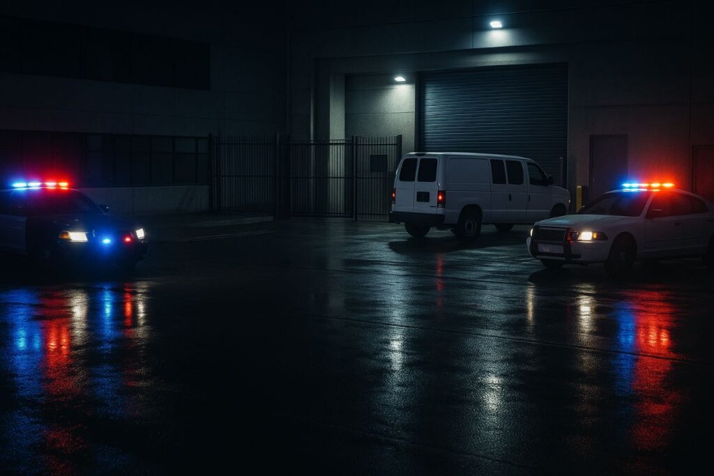 Anti-ICE — police lights outside federal immigration facility after shooting