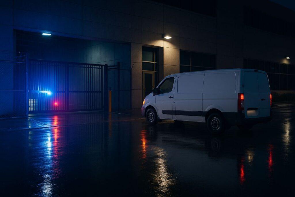 Dallas ICE facility shooting — patrol lights wash across a gated sally port after a rooftop attack