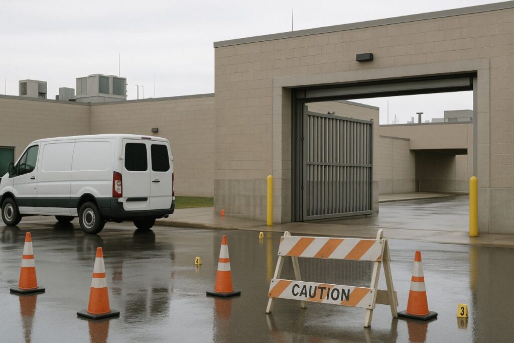 Dallas shooting at ICE facility visualized with a neutral sally port, unmarked transport van, and rooftop sightline