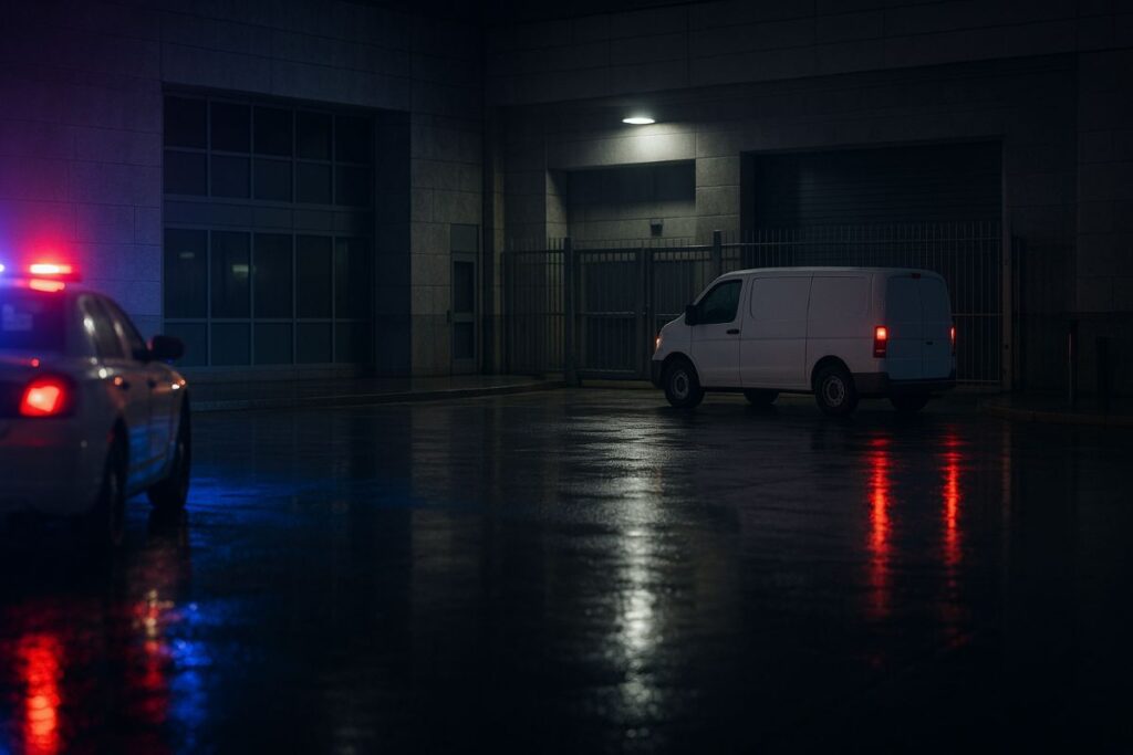 Dallas Shooting — police lights reflect on wet pavement outside a federal immigration facility