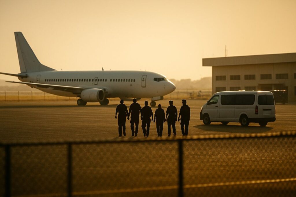 deportations to Ghana — arrival and transfer scene at a neutral airport