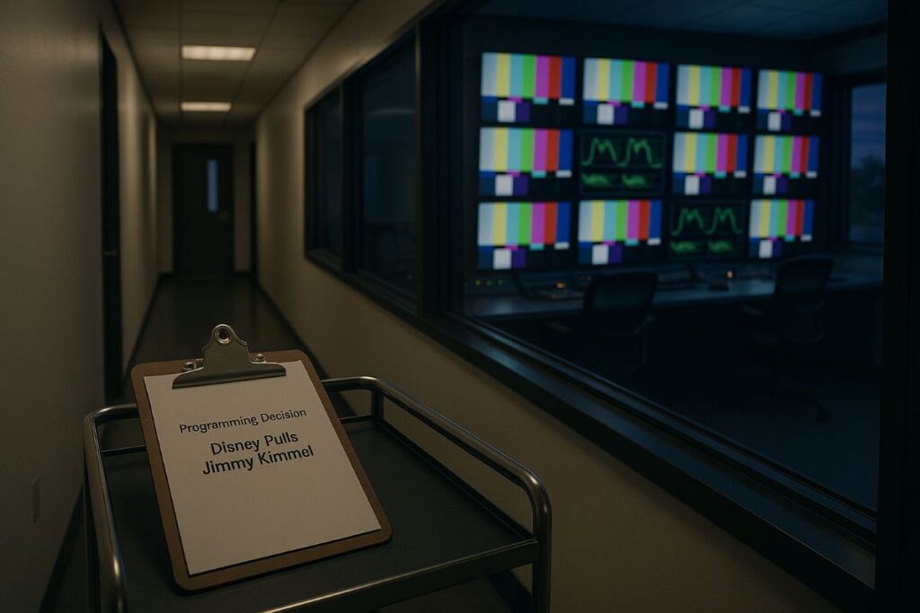 Pulls Jimmy Kimmel — neutral late-night control room and production hallway