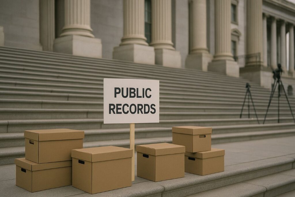 Epstein files release document boxes on Capitol steps, neutral editorial scene