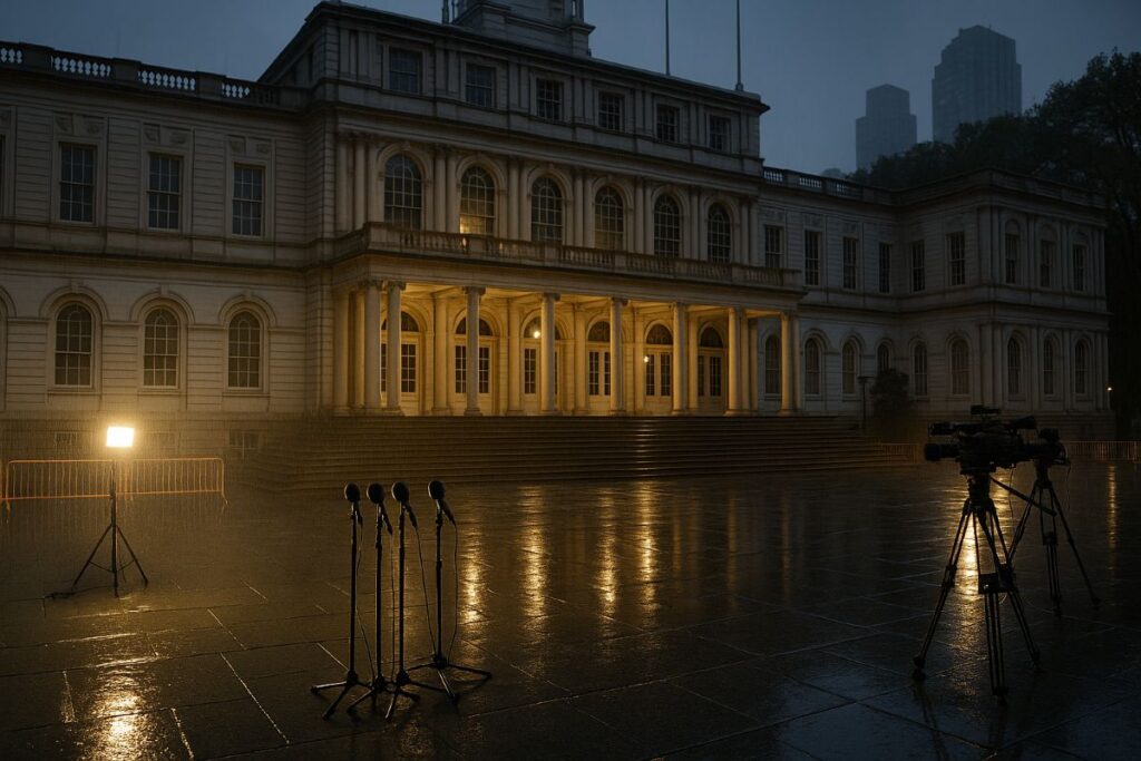 Eric Adams ends re-election bid — neutral New York City Hall exterior in rain with press lights reflecting on wet stone