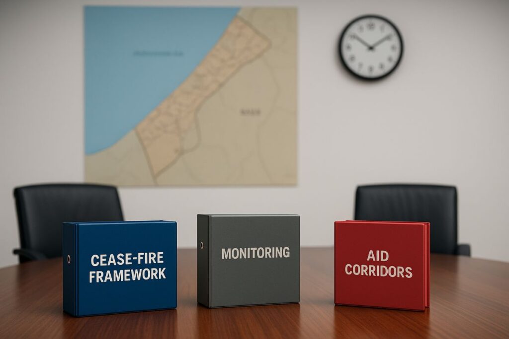 Gaza cease-fire ultimatum visualized in a neutral briefing room with anonymous binders and a map of Gaza