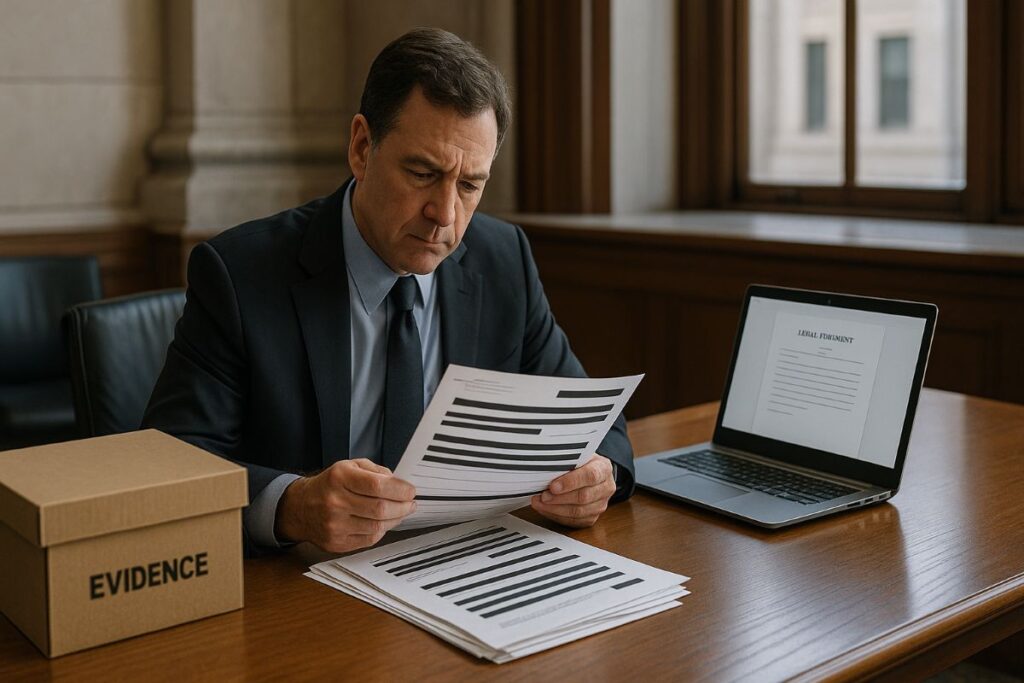 James Comey indictment — prosecutor reviews classified handling procedures in a federal courthouse