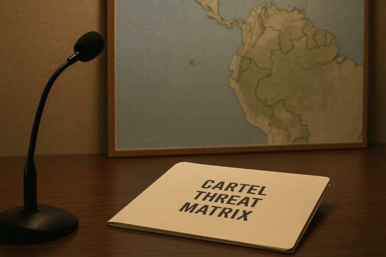 Marco Rubio briefing materials and a neutral map backdrop representing a U.S. strategy against drug cartels