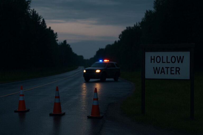 courtroom and emergency response theme illustrating a mass stabbing in Canada at Hollow Water First Nation