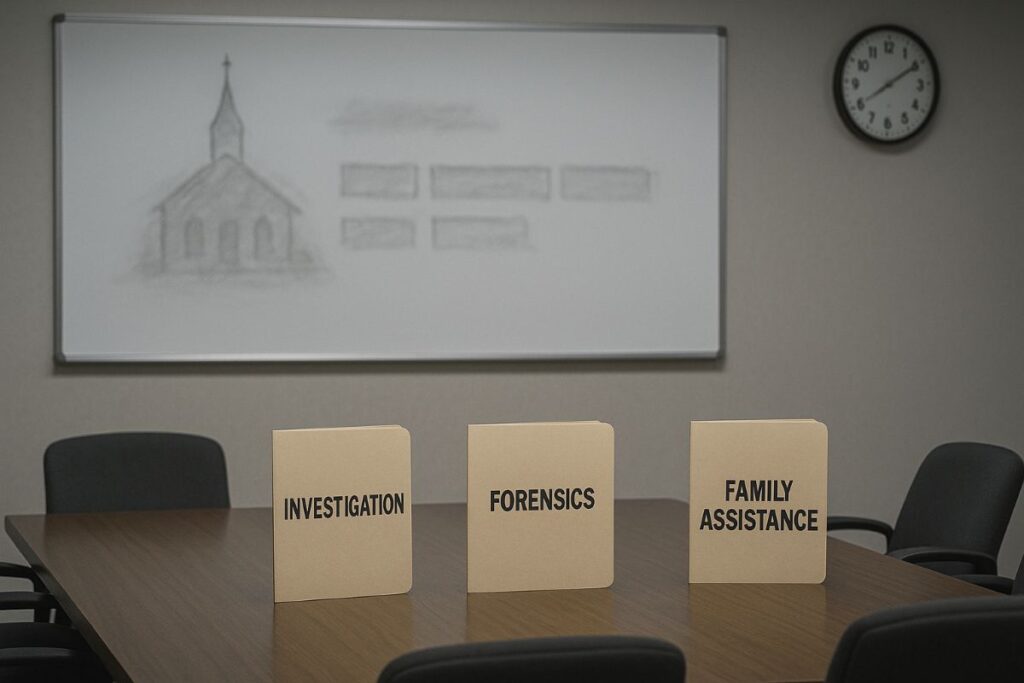 Michigan church attack visualized with a neutral command post and case folders labeled investigation and victim support