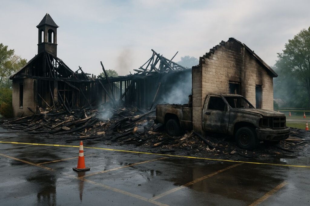 Mormon church shooting — chapel burned to the ground with a charred pickup truck protruding from a collapsed wall