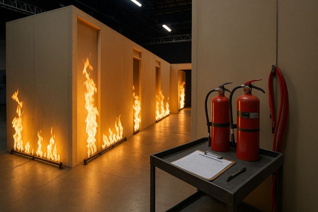 MrBeast burning building stunt visualized with a neutral studio set, controlled flames, and safety gear in view