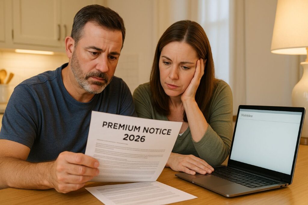 Obamacare bills — family reviews 2026 marketplace premium notice at kitchen table