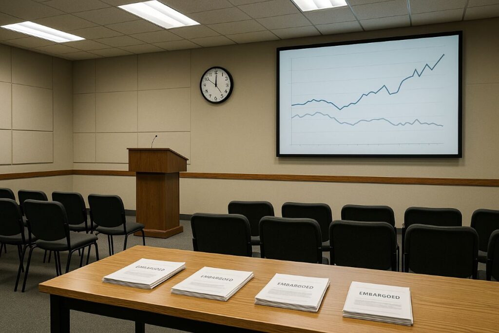 Politicization of economic data highlighted in a neutral BLS press room with embargo clocks and unlabeled charts