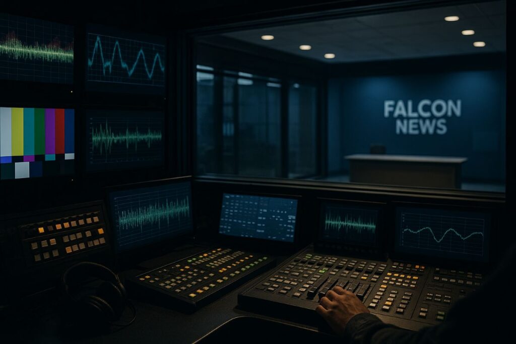 Republican control of the media illustrated inside a Falcon News broadcast control room and studio