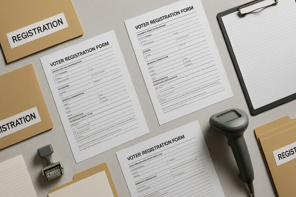 SAVE Act voter registration flat lay with forms, folders, and date stamp