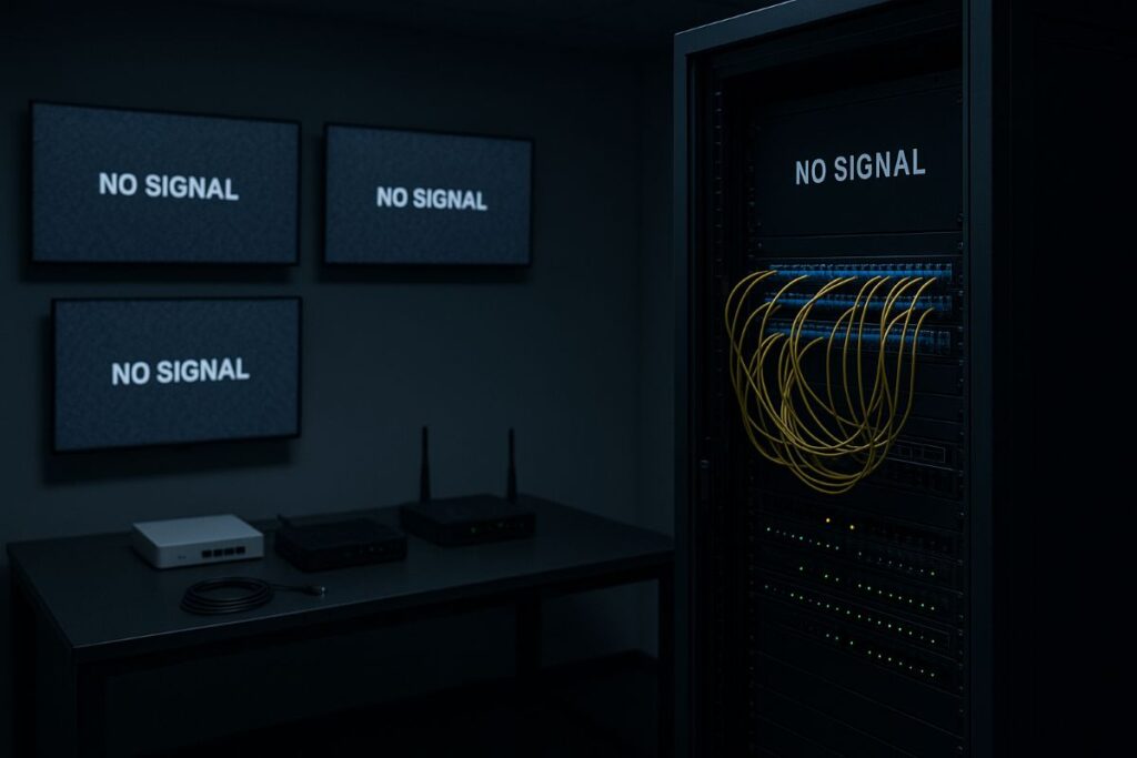 telecom shutdown in Afghanistan shown via a neutral network operations room with dark status monitors and idle fiber patch panels