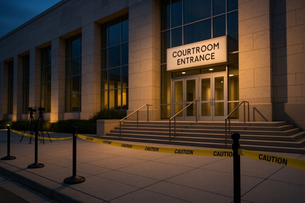 Trump assassination attempt trial courthouse exterior at dusk