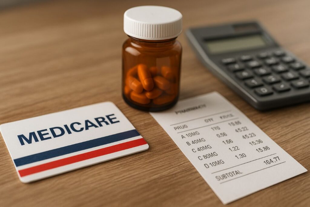 Trump drug prices policy direction visualized with a neutral Medicare card, pill bottle, and pricing sheet