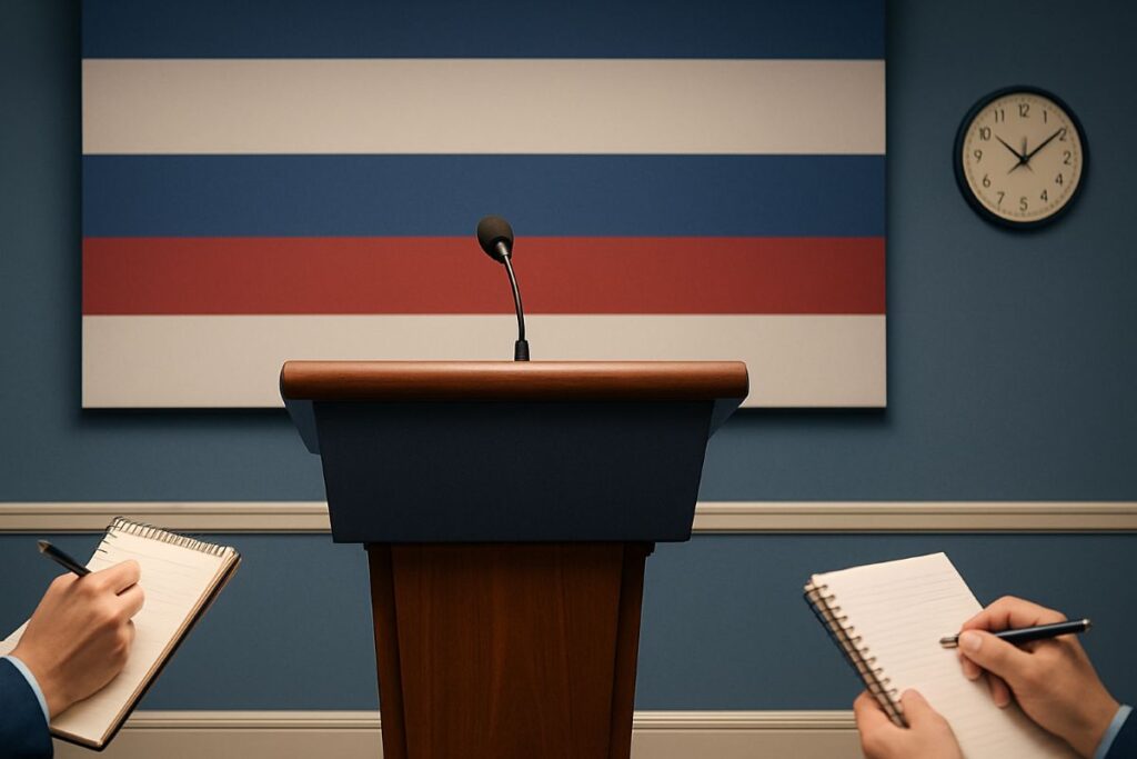 Trump health rumors press conference response, podium and briefing room scene