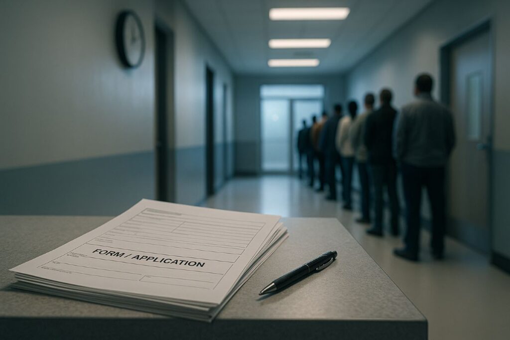 trump immigration policy reversals visual showing neutral federal hallway and generic visa forms