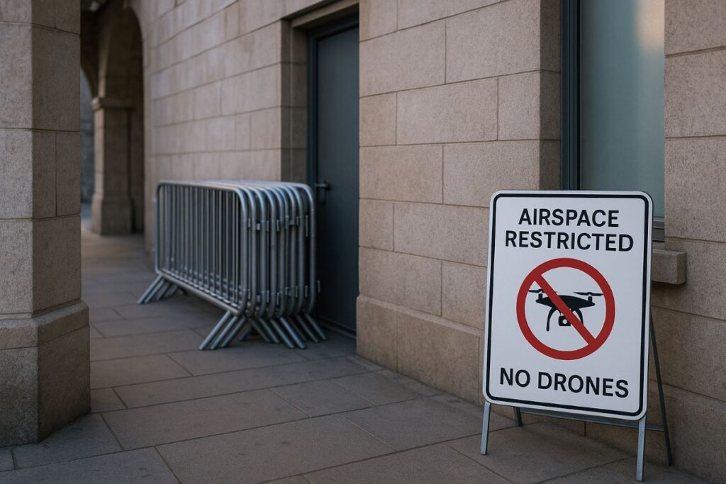 trump uk visit security feature image of neutral Windsor corridor with generic police barriers