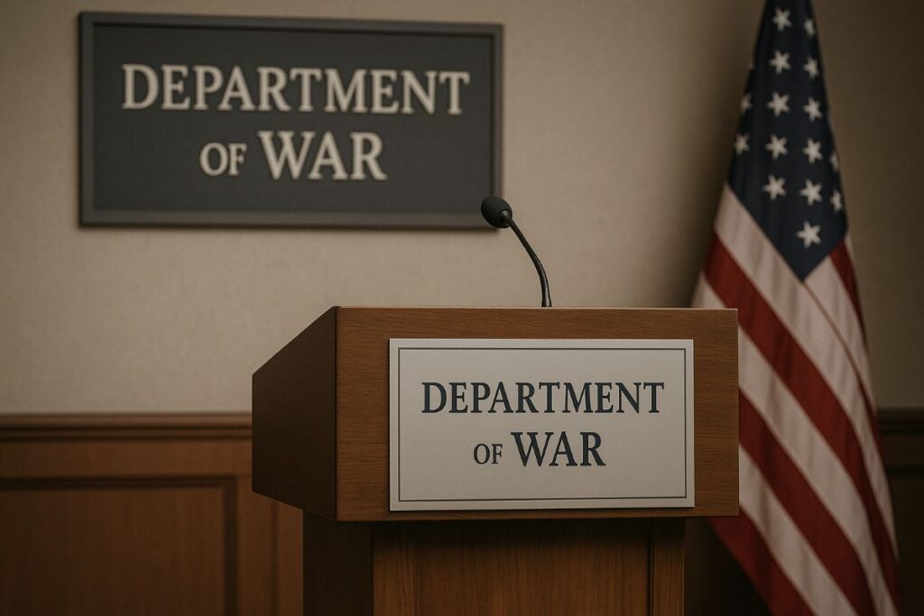 US military briefing backdrop for Department of War discussion