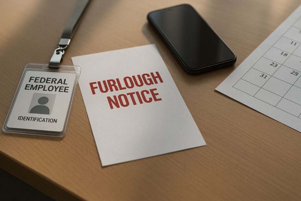 White House layoffs depicted with a neutral federal ID badge, a red “furlough notice,” and a silent phone on a desk