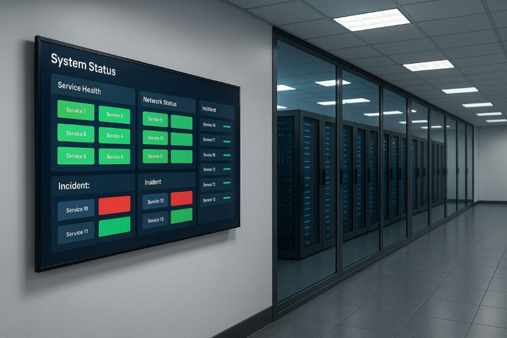 amazon outage — neutral network operations corridor with status dashboards and unbranded server racks
