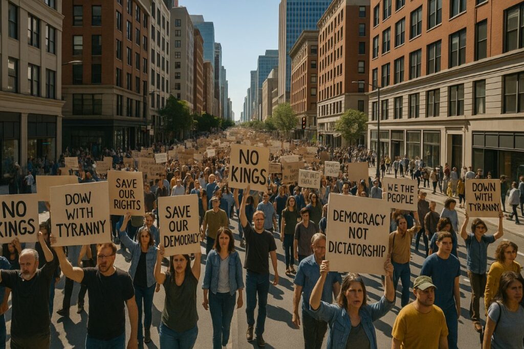 anti-Trump protests — aerial view of a peaceful “No Kings” march filling a downtown avenue with yellow accents and handmade signs