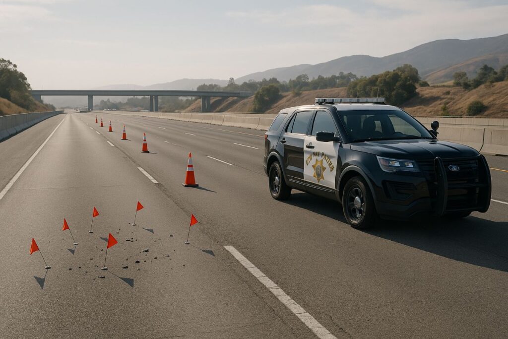 California highway incident — shrapnel investigation on a closed I-5 lane near a generic coastal base with neutral emergency vehicles