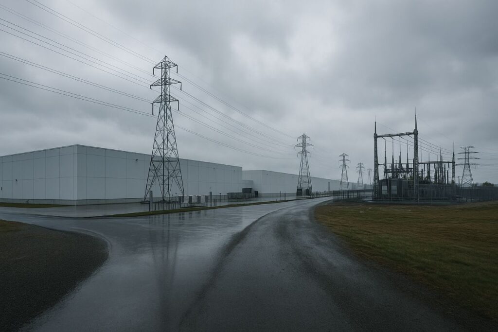 data centers and economic growth visualized by a neutral hyperscale campus with power lines and substation under overcast sky