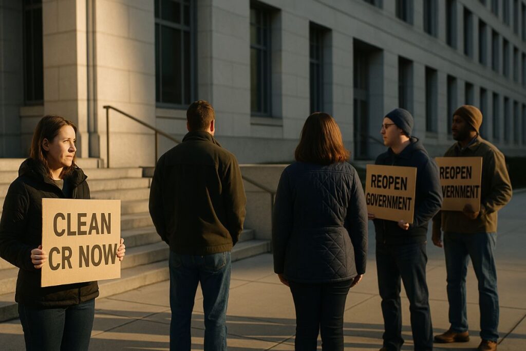 Federal Union — furloughed federal workers waiting outside a neutral government building with unbranded signs calling for a clean CR