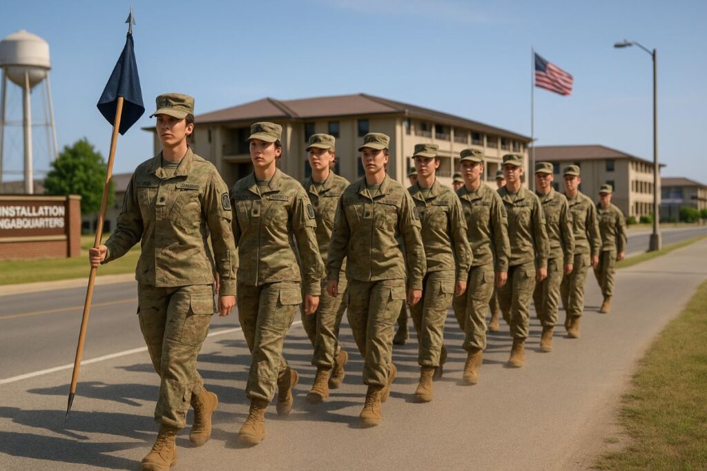 female soldiers marching in column along a road on a U.S. training base in khaki uniforms