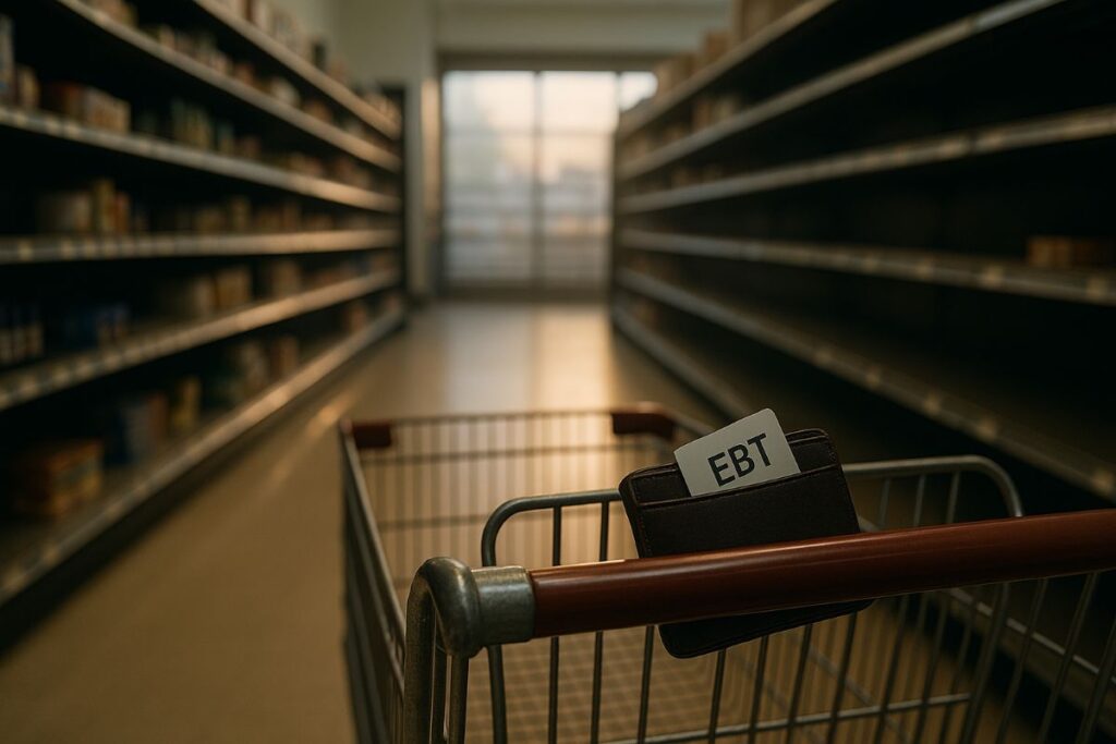 Food Stamp Benefits — empty grocery aisle with dim morning light and a wallet with an unbranded EBT card on a cart handle