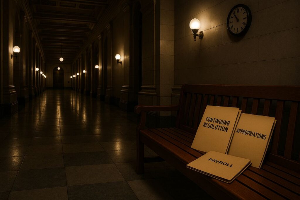 government shutdown visualized with a dim Capitol corridor and budget folders on a bench