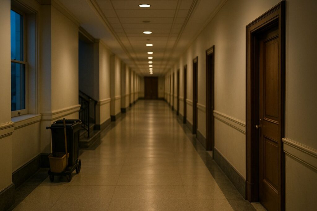 government shutdown impasse — empty Capitol corridor at dusk with closed office doors