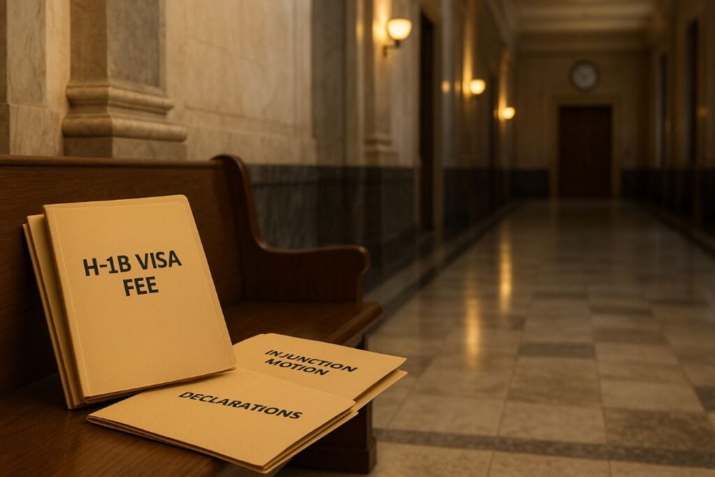 H-1B visa fee lawsuit visualized with a neutral courthouse corridor and plain case folders