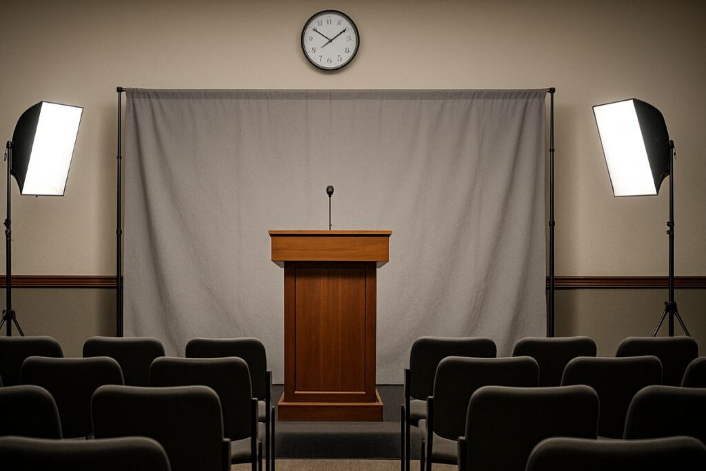 Letitia James Indicts Trump feature image showing a neutral federal press podium and unbranded lights before a briefing