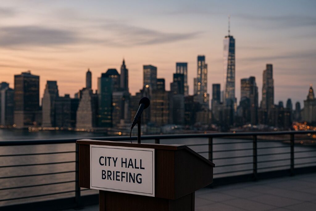 Mamdani leadership in New York City — neutral podium before a skyline backdrop
