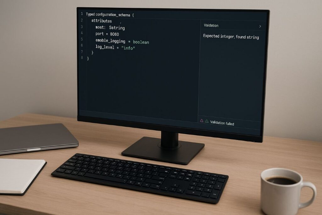 MAML configuration language — developer workstation with typed schema on screen in neutral office lighting