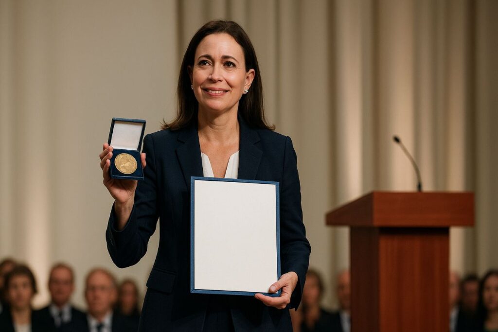 María Corina Machado Nobel Peace Prize 2025 feature image showing a neutral press hall with podium and blank backdrop during an award announcement