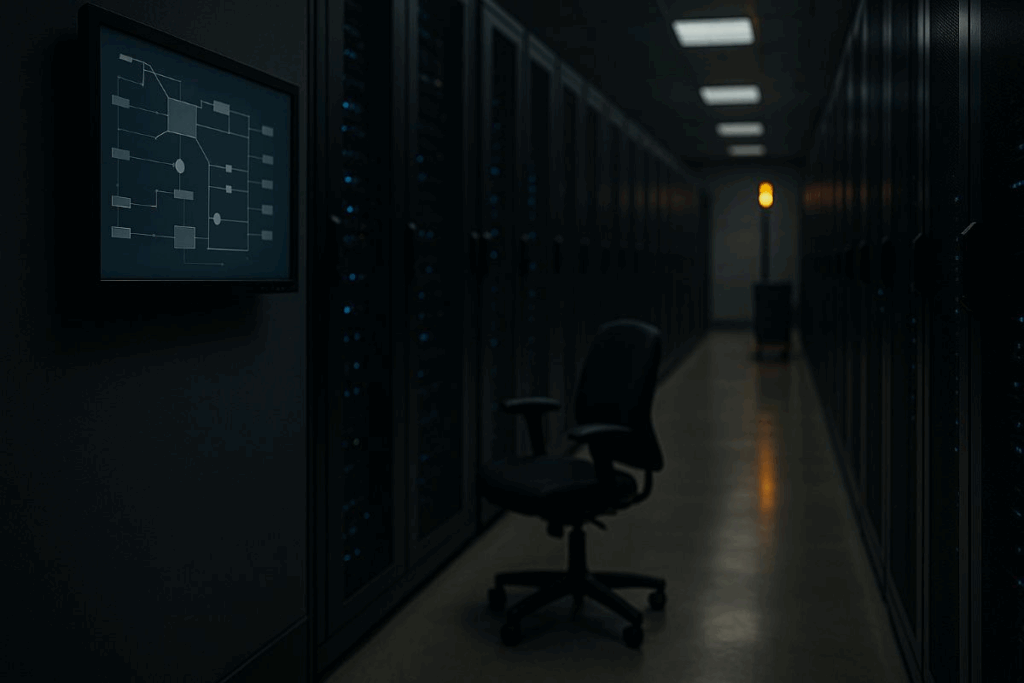 microsoft outage — neutral cloud data center aisle with blank status screens and soft warning lights