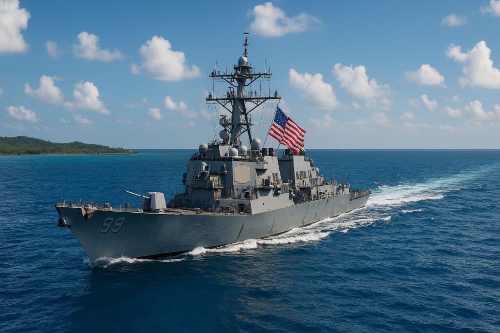 Military Command transition off Venezuela — U.S. naval silhouette at dusk with distant coastline