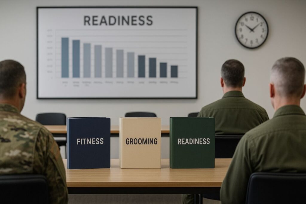 military leadership briefed in a neutral standards review room with anonymous binders and a blurred readiness chart