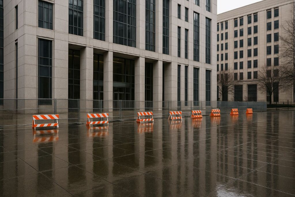 motorists charged after Chicago Brighton Park clash shown by a neutral federal courthouse with wet pavement and barricades